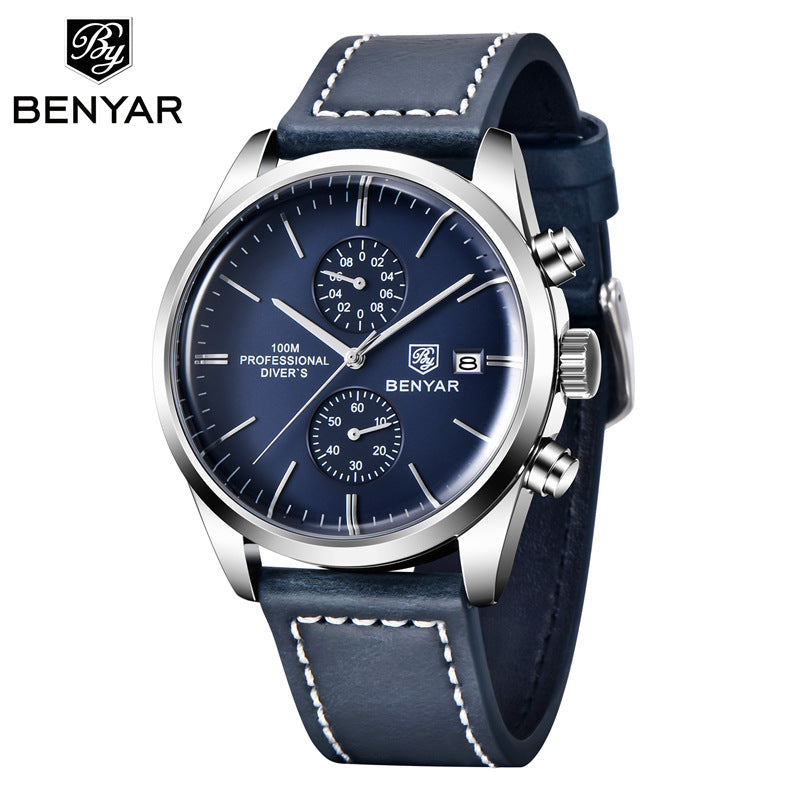 BENYAR Binya 5187 new multi-function quartz movement leather strap men's business casual calendar watch