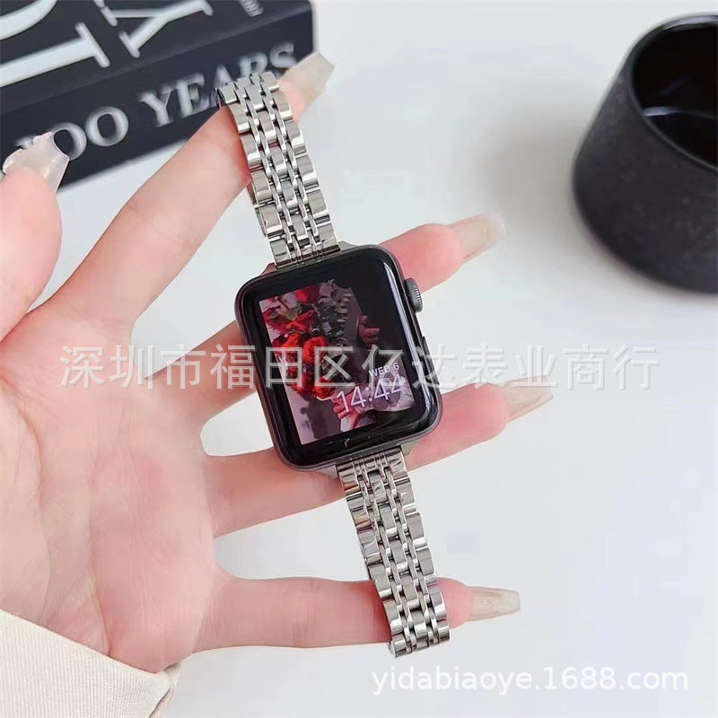 Suitable for Apple Watch9Ultra2 watch strap Apple thin seven-bead butterfly buckle stainless steel metal watch strap