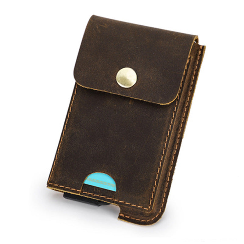 Black Angel Crazy Horse Leather RFID Anti-theft Automatic Card Box Casual Fashion European and American Trendy Card Holder Card Bag