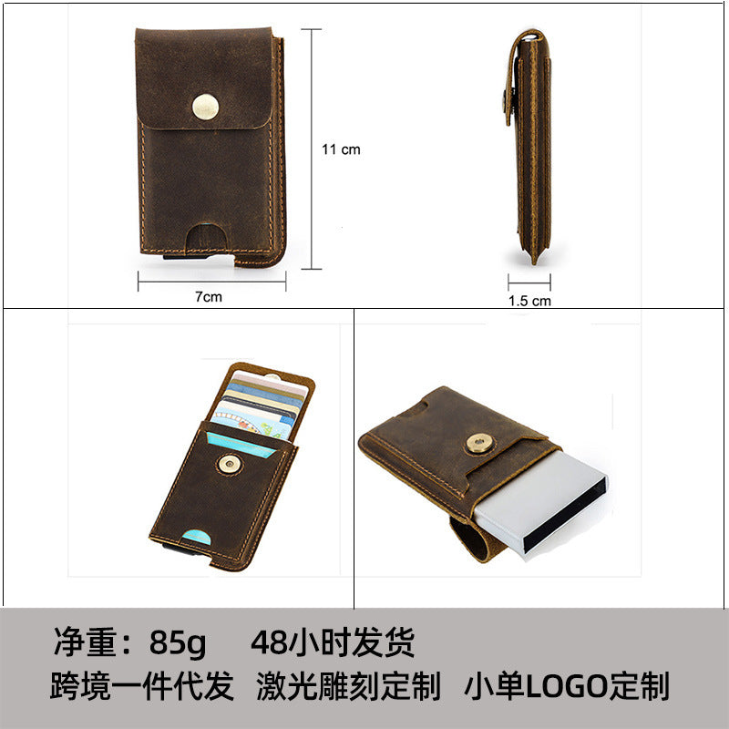 Black Angel Crazy Horse Leather RFID Anti-theft Automatic Card Box Casual Fashion European and American Trendy Card Holder Card Bag