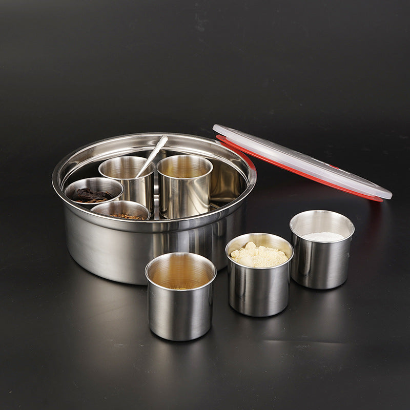 Thickened stainless steel seasoning box multi-flavor seasoning jar spice box storage box MSG salt storage box round fresh-keeping box