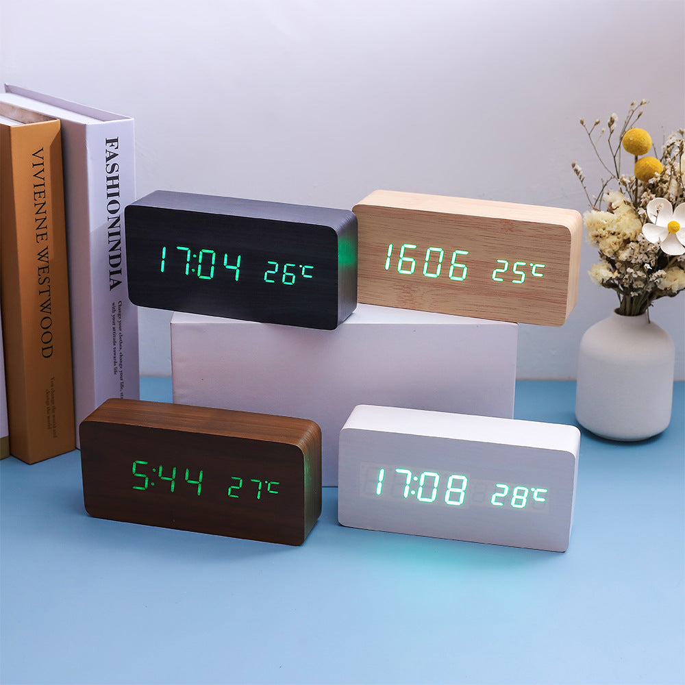 Creative multifunctional voice-controlled wooden clock, simple wooden clock for home, multifunctional electronic clock for student gifts