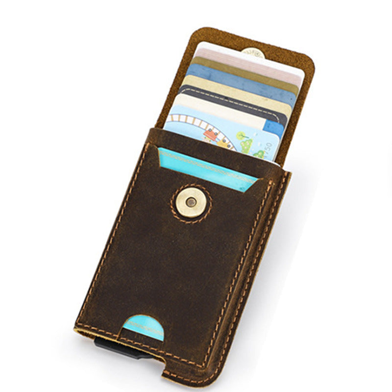 Black Angel Crazy Horse Leather RFID Anti-theft Automatic Card Box Casual Fashion European and American Trendy Card Holder Card Bag