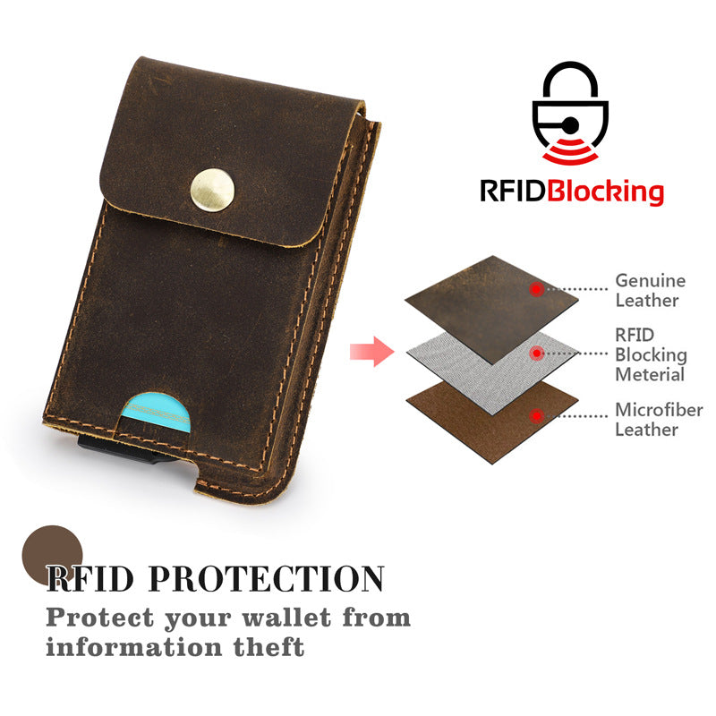 Black Angel Crazy Horse Leather RFID Anti-theft Automatic Card Box Casual Fashion European and American Trendy Card Holder Card Bag