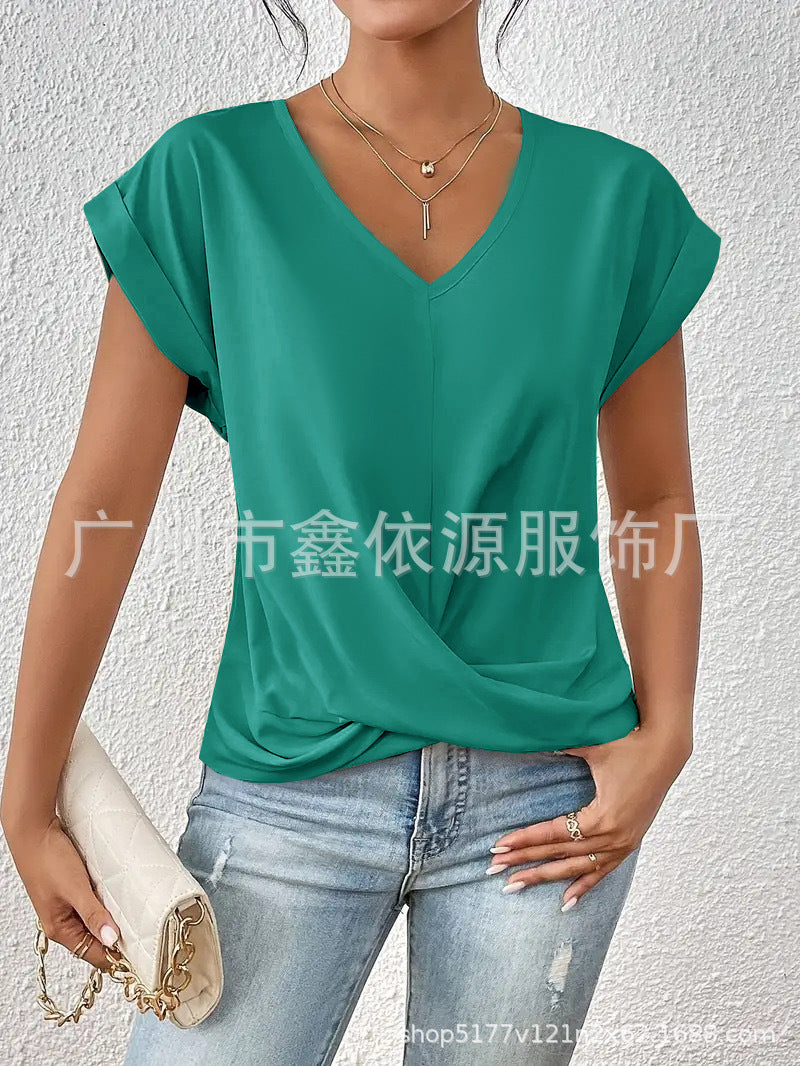 2024 Amazon cross-border hot-selling solid color V-neck T-shirt elegant short-sleeved top spring and summer women's clothing Amazon cross-border