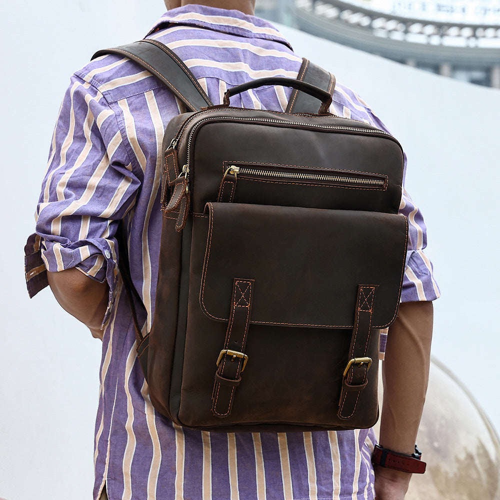 Backpack Retro Crazy Horse Leather Men's Fashion Trend Genuine Leather Backpack Large Capacity Travel Bag Cowhide Men's Bag