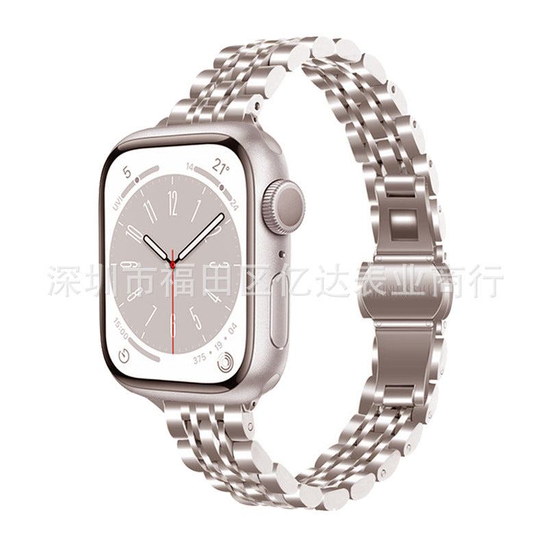 Suitable for Apple Watch9Ultra2 watch strap Apple thin seven-bead butterfly buckle stainless steel metal watch strap