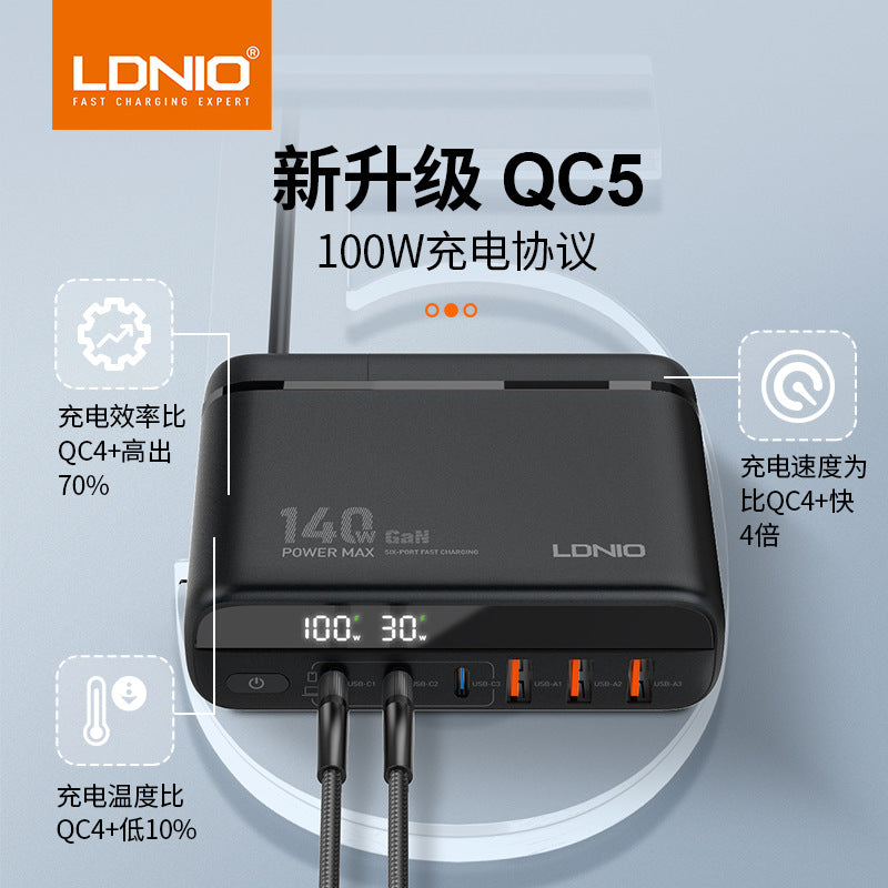LDNIO new national standard gallium nitride charger 140W Chinese standard digital display multi-port PD travel charger factory 3C
