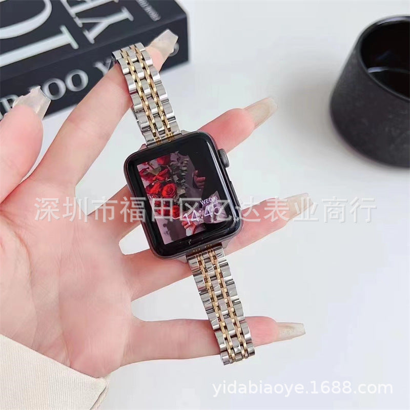Suitable for Apple Watch9Ultra2 watch strap Apple thin seven-bead butterfly buckle stainless steel metal watch strap
