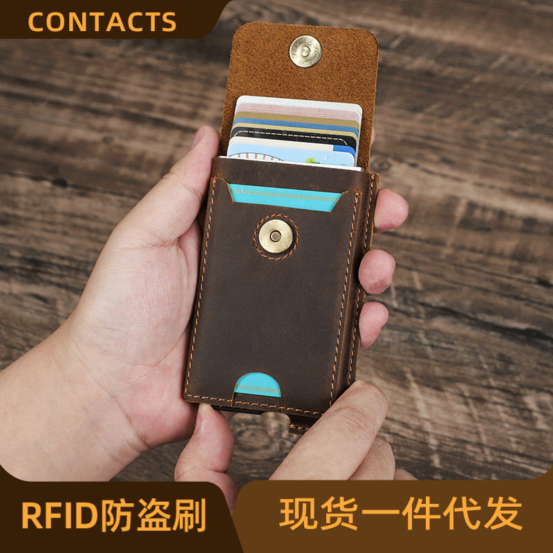 Black Angel Crazy Horse Leather RFID Anti-theft Automatic Card Box Casual Fashion European and American Trendy Card Holder Card Bag