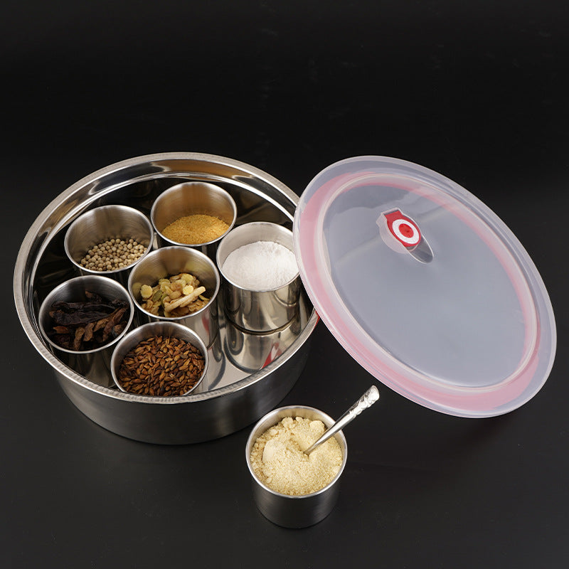 Thickened stainless steel seasoning box multi-flavor seasoning jar spice box storage box MSG salt storage box round fresh-keeping box