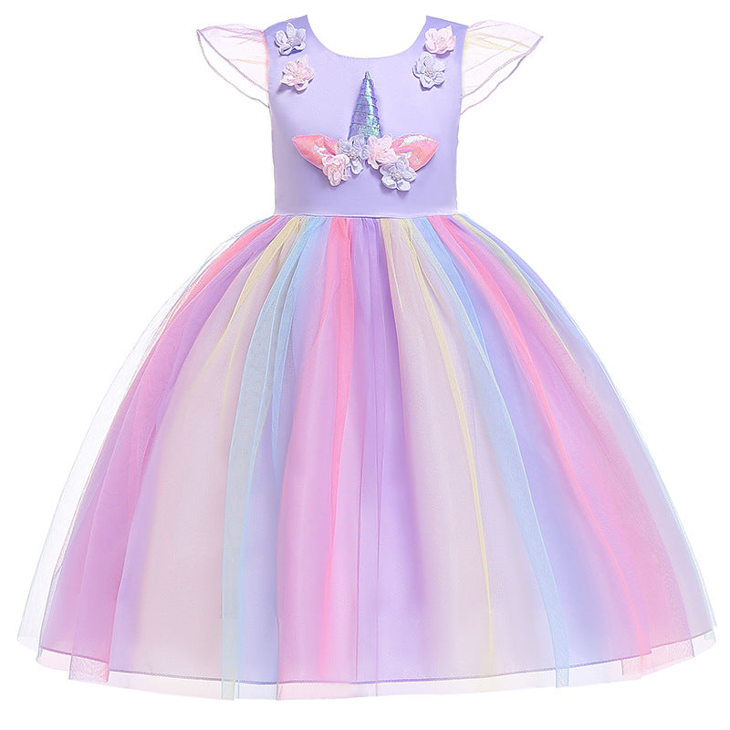 Halloween Show With Unicorn Ruffle Sleeve Rainbow Dress Dress Birthday Girl Dress Dress Dress Dress