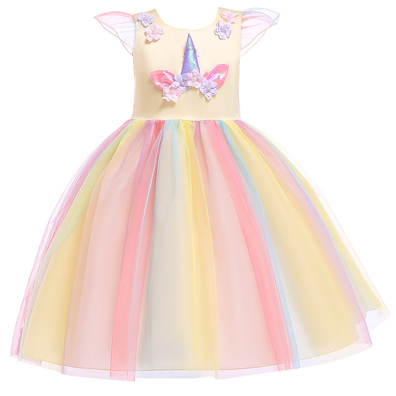 Halloween Show With Unicorn Ruffle Sleeve Rainbow Dress Dress Birthday Girl Dress Dress Dress Dress