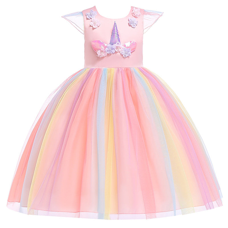 Halloween Show With Unicorn Ruffle Sleeve Rainbow Dress Dress Birthday Girl Dress Dress Dress Dress