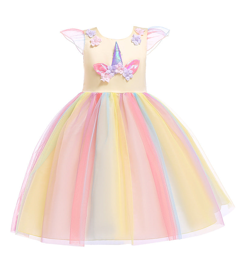 Halloween Show With Unicorn Ruffle Sleeve Rainbow Dress Dress Birthday Girl Dress Dress Dress Dress