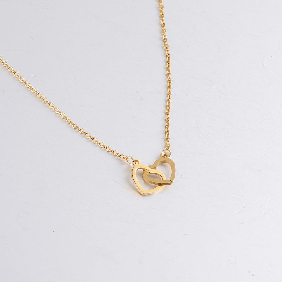 Cross-border hot-selling mirror stainless steel double heart necklace heart-shaped interlocking double ring pendant clavicle chain 48cm