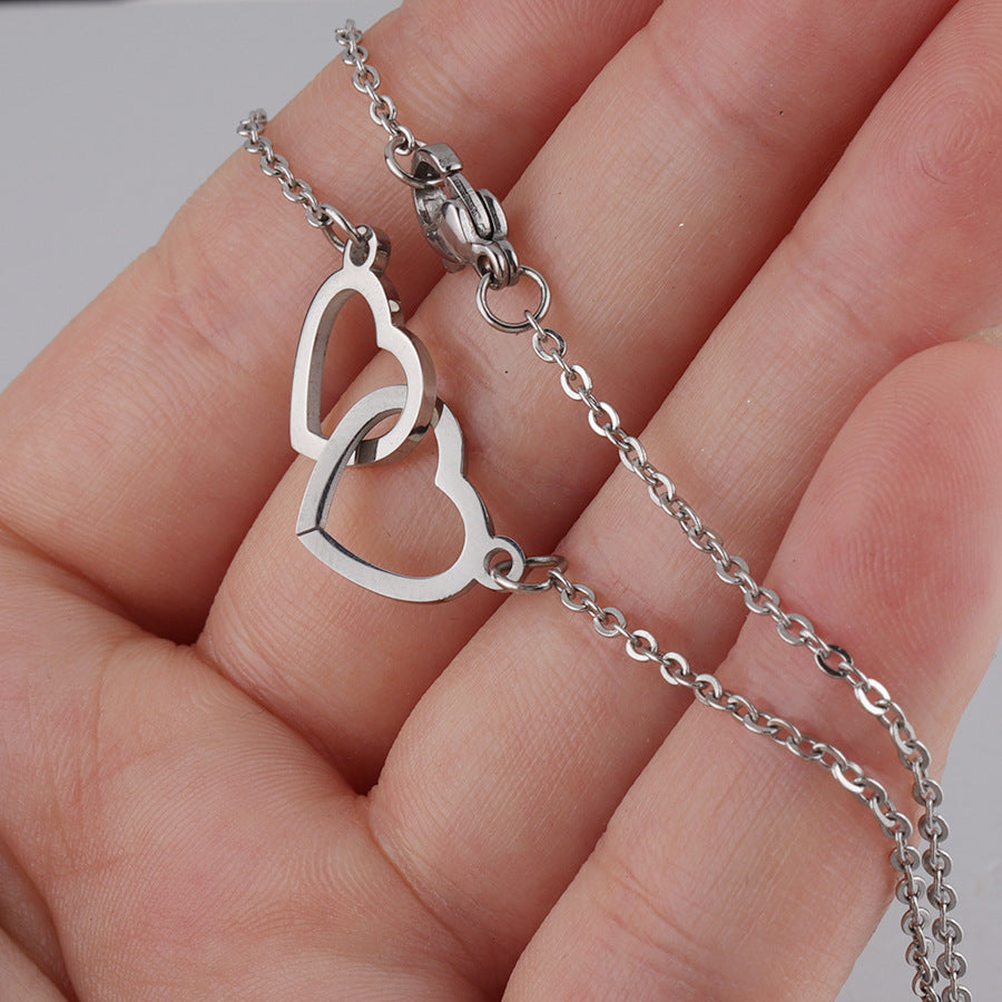 Cross-border hot-selling mirror stainless steel double heart necklace heart-shaped interlocking double ring pendant clavicle chain 48cm