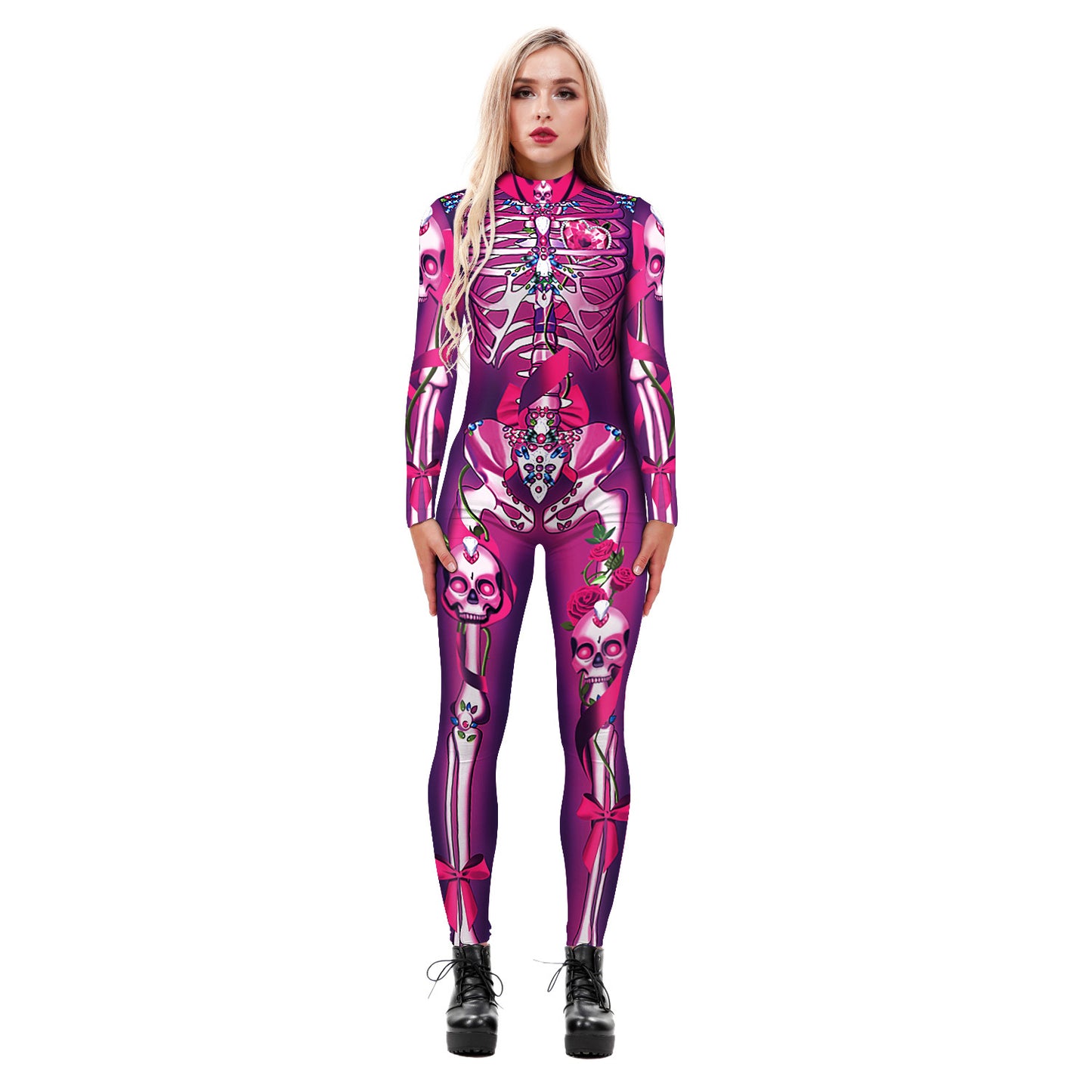 Cross-border explosion skeleton 3D digital printing women's cos costume tight-fitting long-sleeved cosplay costume Halloween jumpsuit