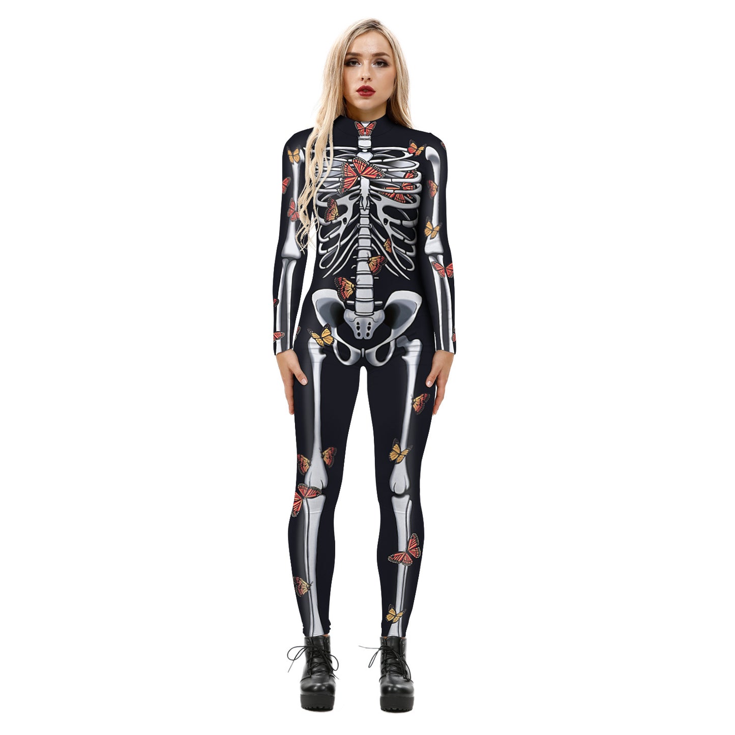 Cross-border explosion skeleton 3D digital printing women's cos costume tight-fitting long-sleeved cosplay costume Halloween jumpsuit