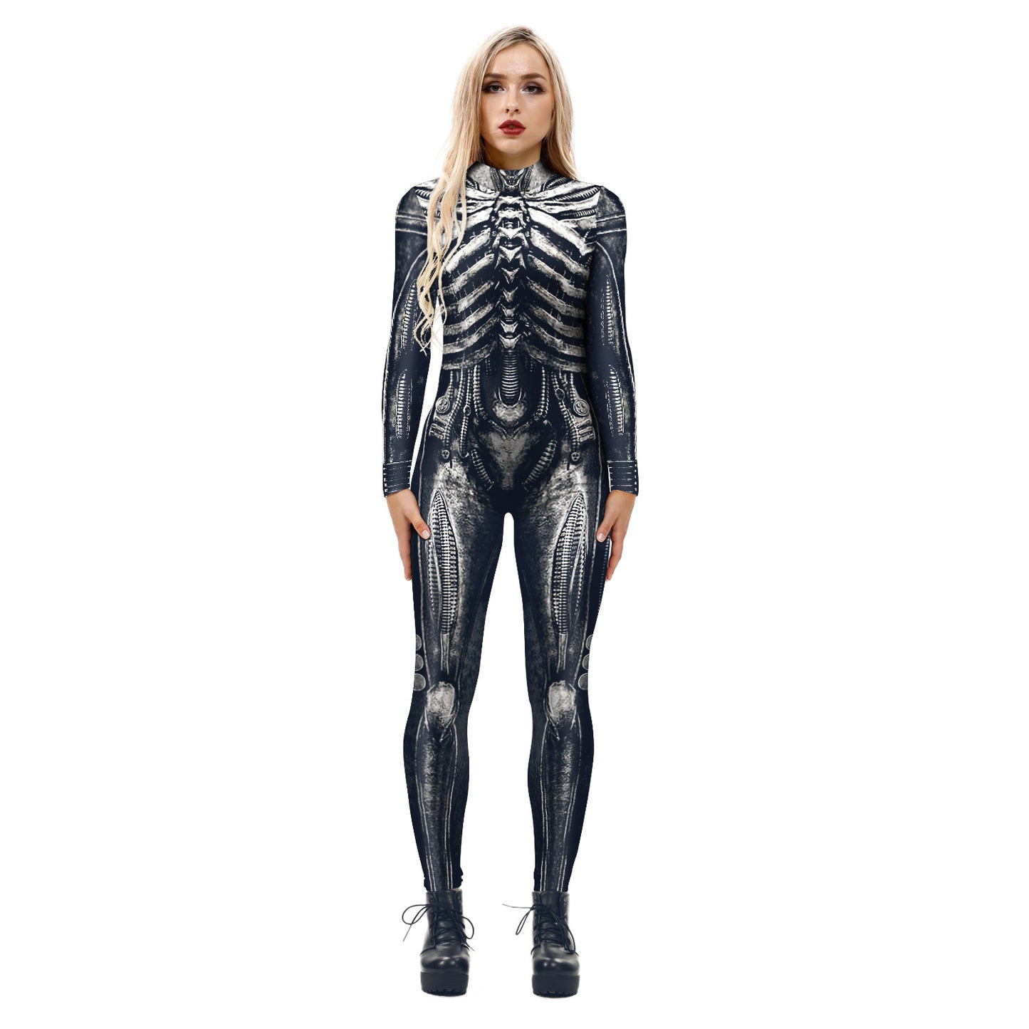 Cross-border explosion skeleton 3D digital printing women's cos costume tight-fitting long-sleeved cosplay costume Halloween jumpsuit