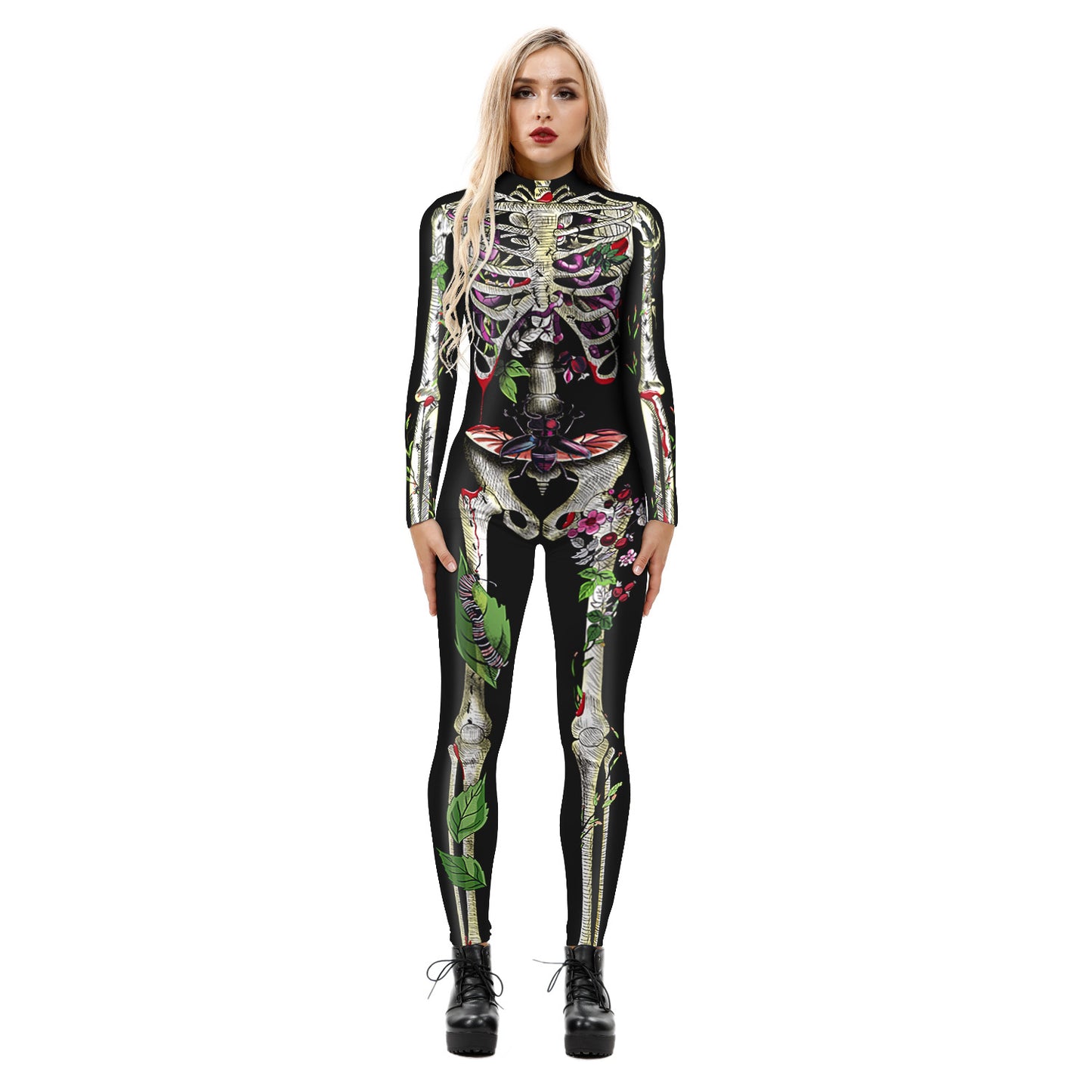 Cross-border explosion skeleton 3D digital printing women's cos costume tight-fitting long-sleeved cosplay costume Halloween jumpsuit