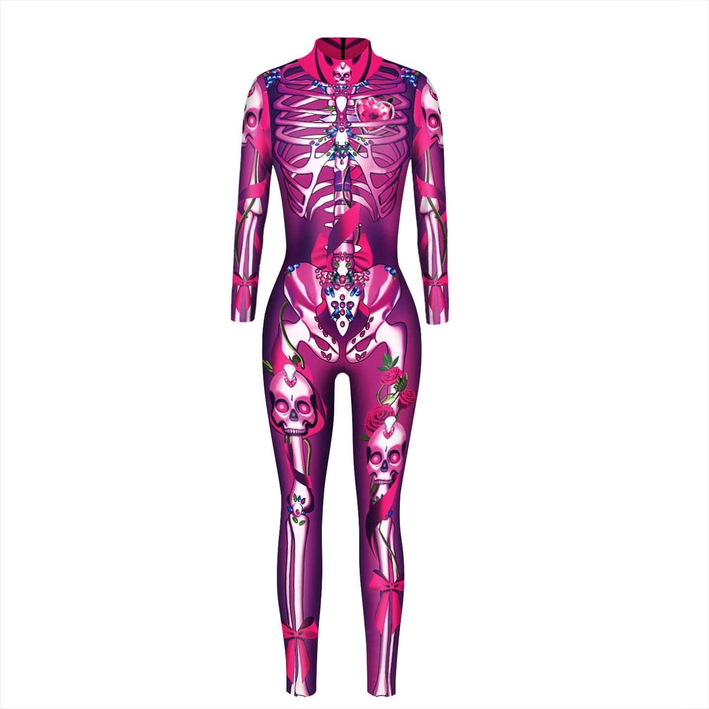 Cross-border explosion skeleton 3D digital printing women's cos costume tight-fitting long-sleeved cosplay costume Halloween jumpsuit