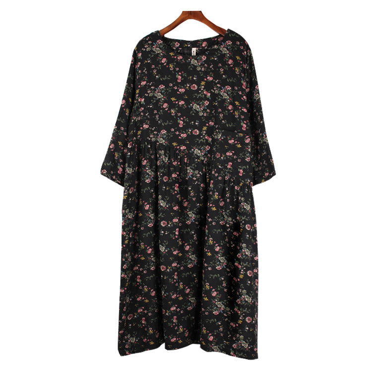 2018 large size women's fat mm autumn new linen cotton literary floral pleated stitching loose dress 9831