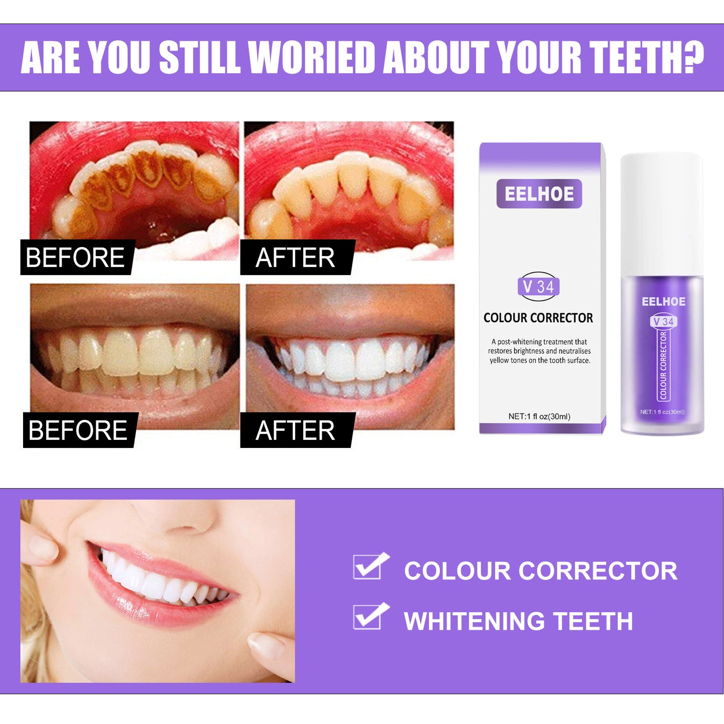 EELHOE V34 Toothpaste Repair Teeth Repair Oral Cleaning Purple Orange Toothpaste Dazzling White Cleaning Tooth Stains