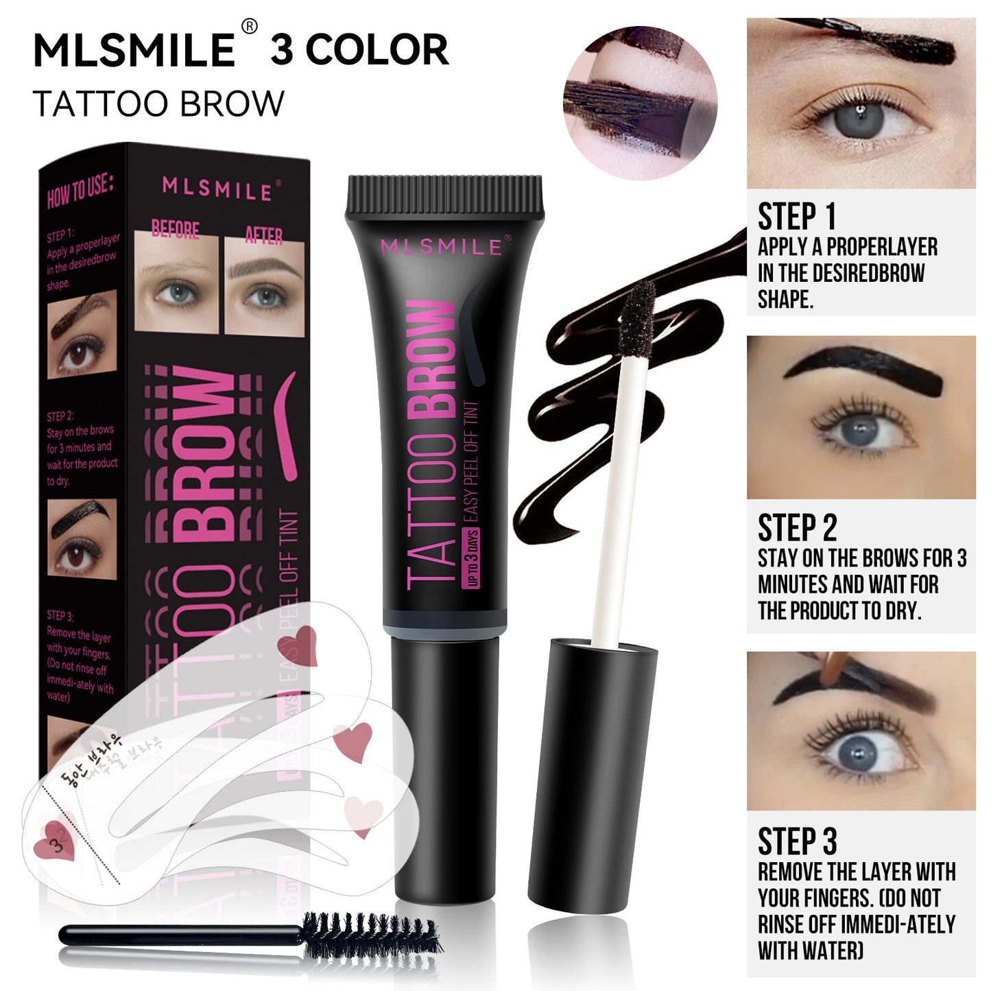 MLSMILE cross-border exclusive tear-off eyebrow glue, long-lasting, no smudge, waterproof, sweat-proof, easy to color, three-color eyebrow dyeing glue