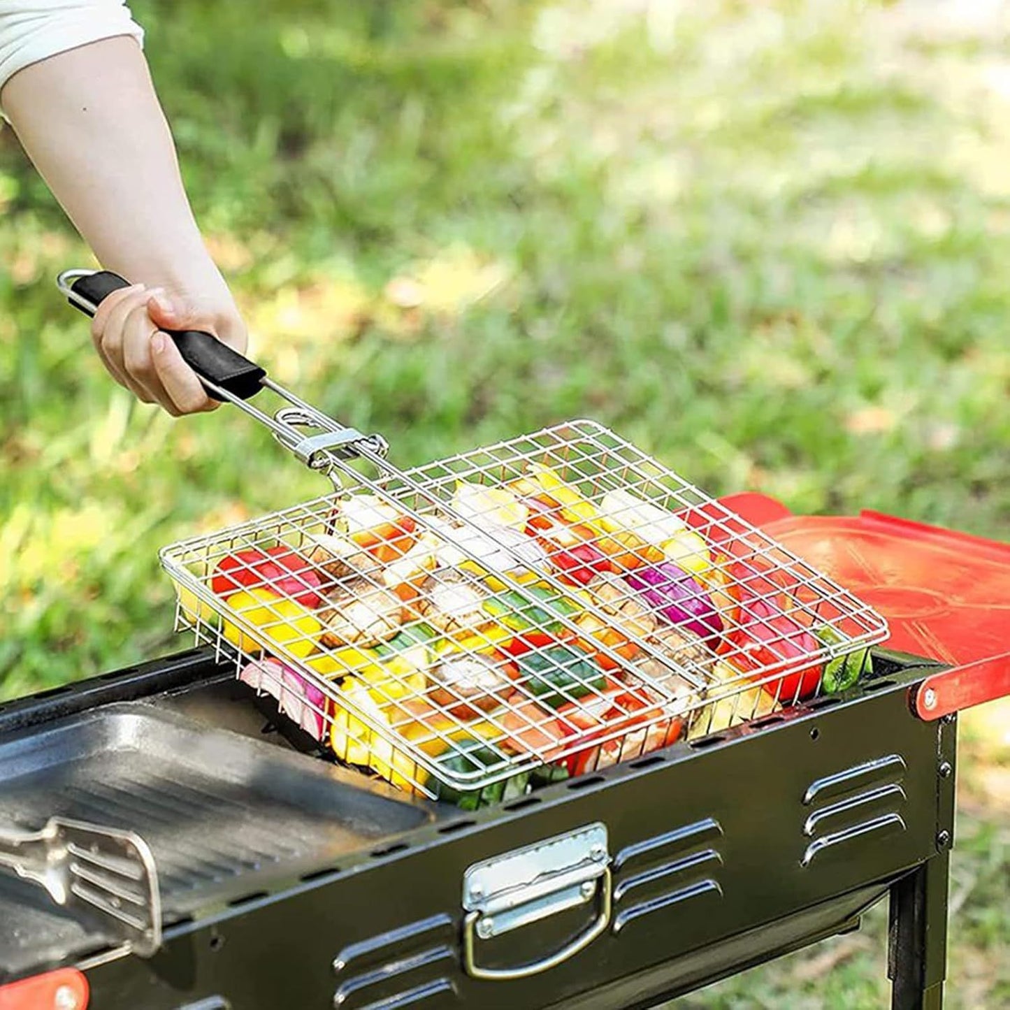 BBQ stainless steel folding handle barbecue clip outdoor multi-function barbecue net grilled fish and vegetable rack barbecue tools