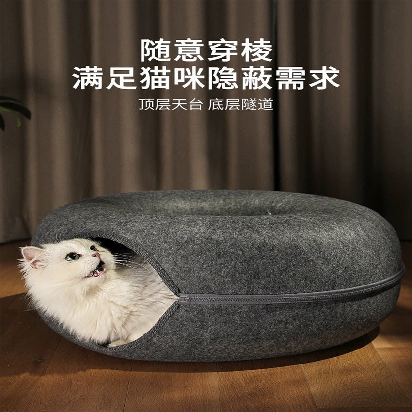 Felt cat nest tunnel four seasons universal breathable cat house cat cave zipper closed toy cat tunnel donut