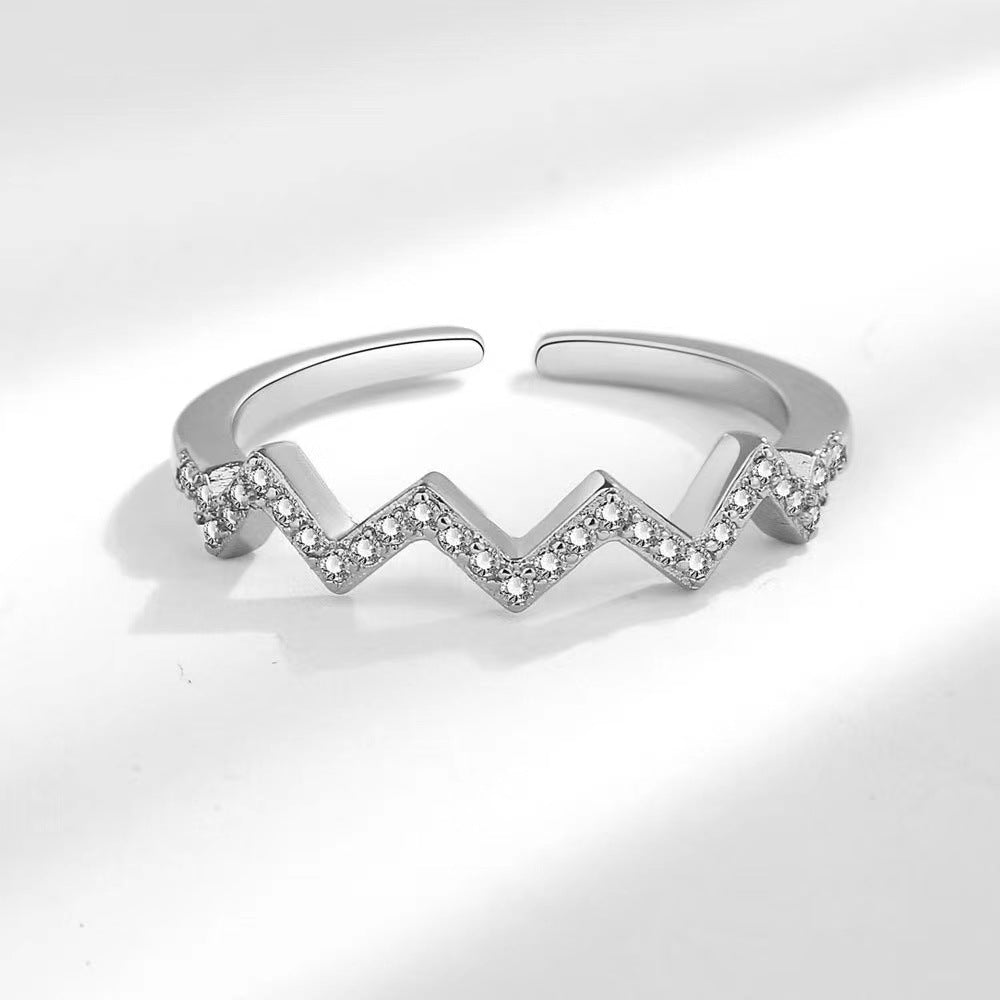 Cross-border hot sale s925 sterling silver open wave pattern electrocardiogram ring female simple fashion European and American style index finger ring