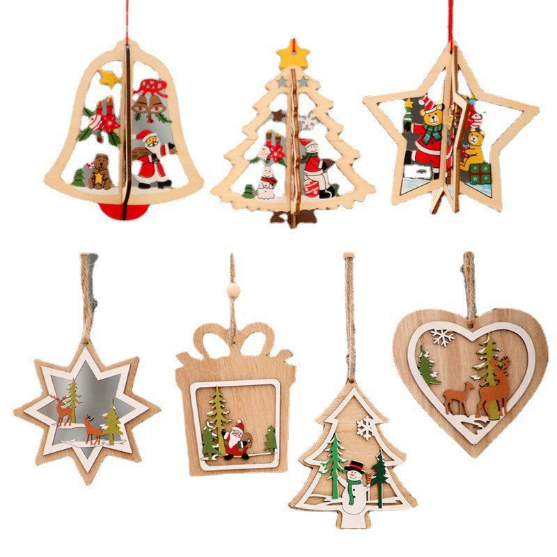 Christmas decorations wooden Christmas tree pendants hollow small pendants wooden five-pointed star bell pendants creative gifts