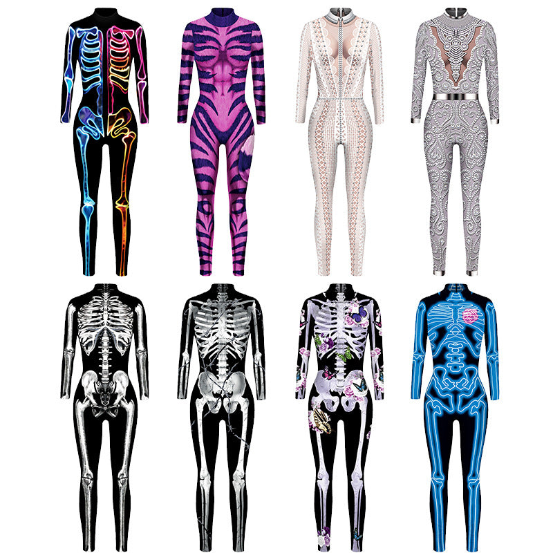 Cross-border explosion skeleton 3D digital printing Halloween cosplay costumes women's tight-fitting long-sleeved jumpsuit