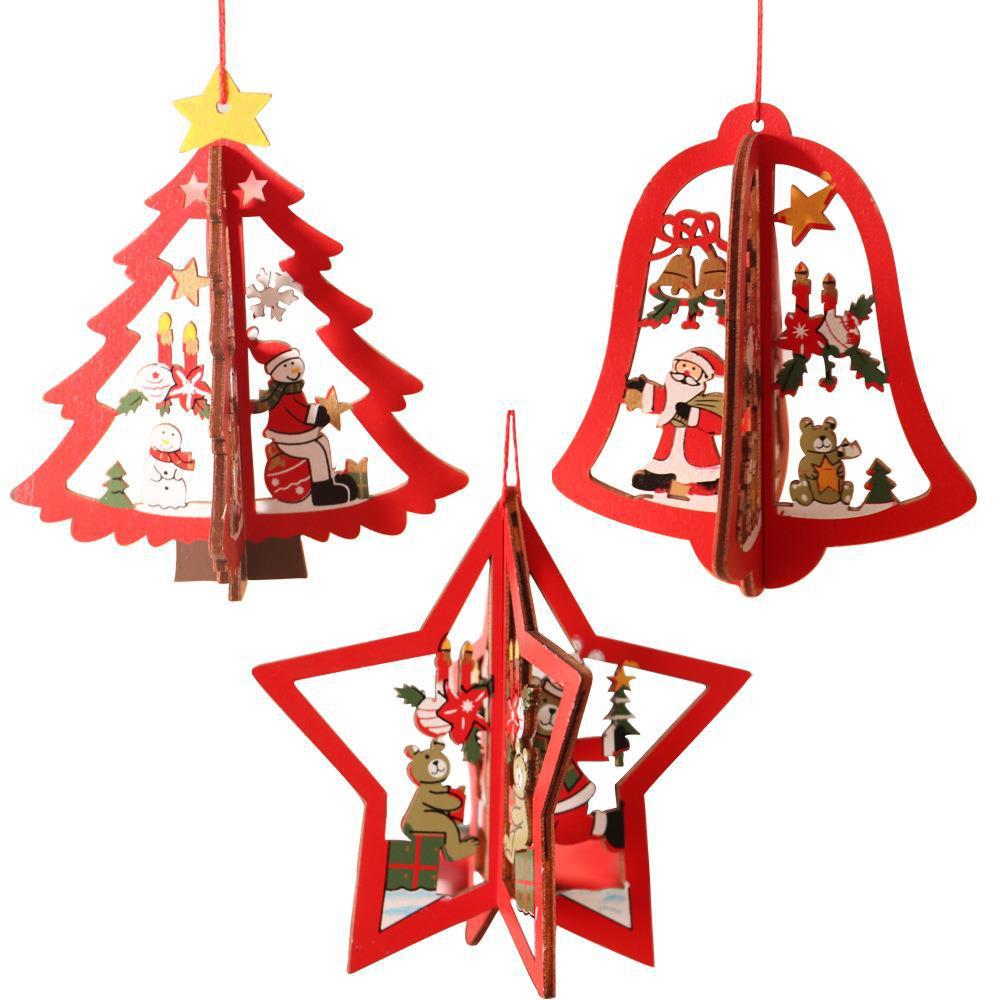 Christmas decorations wooden Christmas tree pendants hollow small pendants wooden five-pointed star bell pendants creative gifts