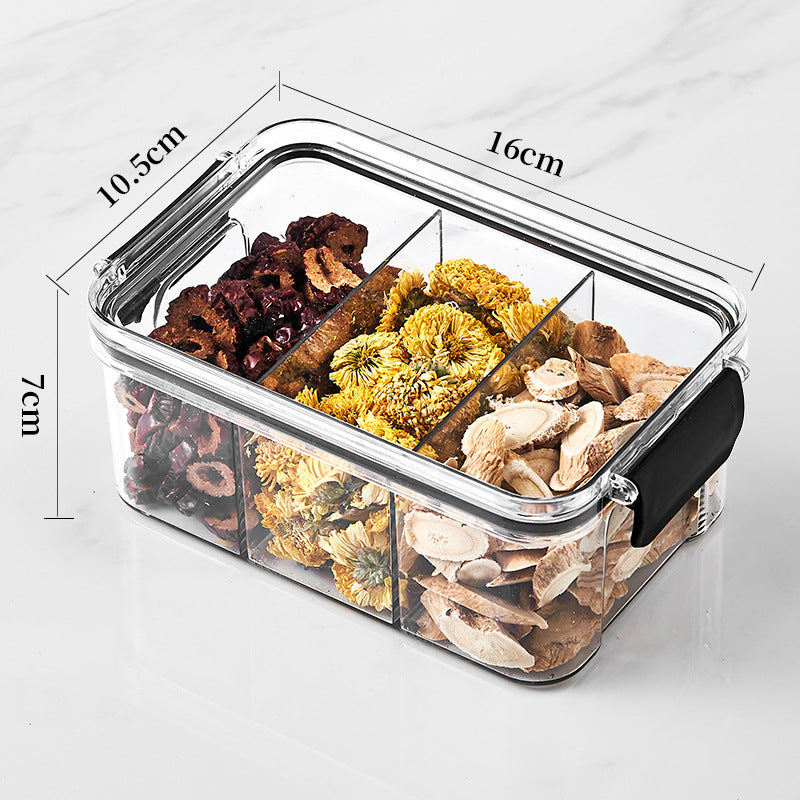 Square flower tea packaging box, 460ml, four-compartment plastic airtight container, food-grade storage box.