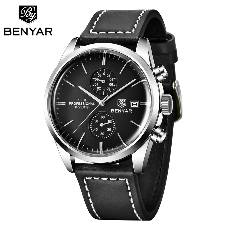 BENYAR Binya 5187 new multi-function quartz movement leather strap men's business casual calendar watch