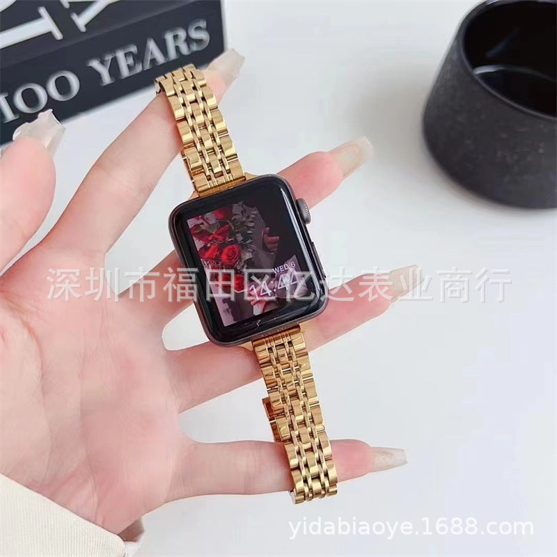 Suitable for Apple Watch9Ultra2 watch strap Apple thin seven-bead butterfly buckle stainless steel metal watch strap