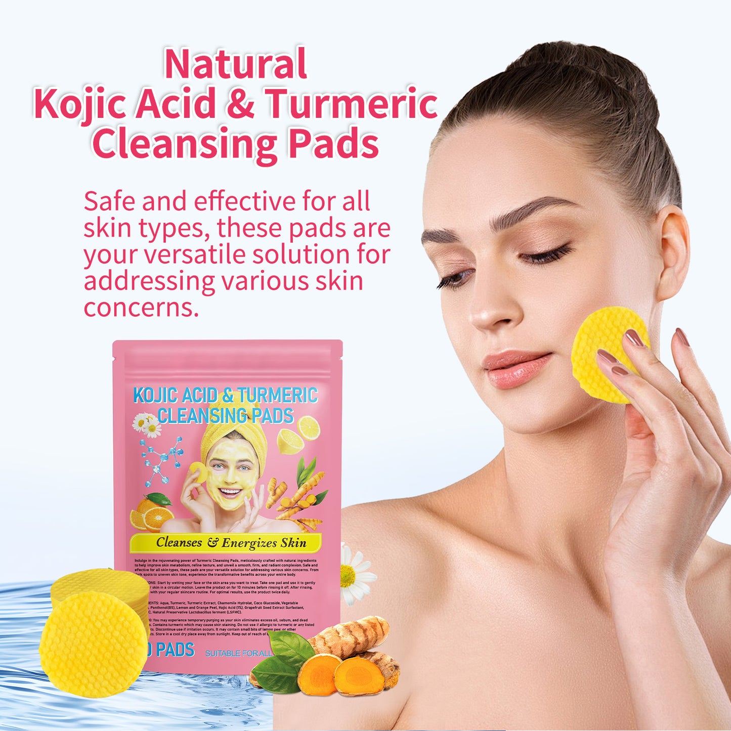 Unlabeled turmeric cotton pads turmeric cleansing pads gentle skin care daily cleansing exfoliating turmeric kojic acid cleanser 40pc