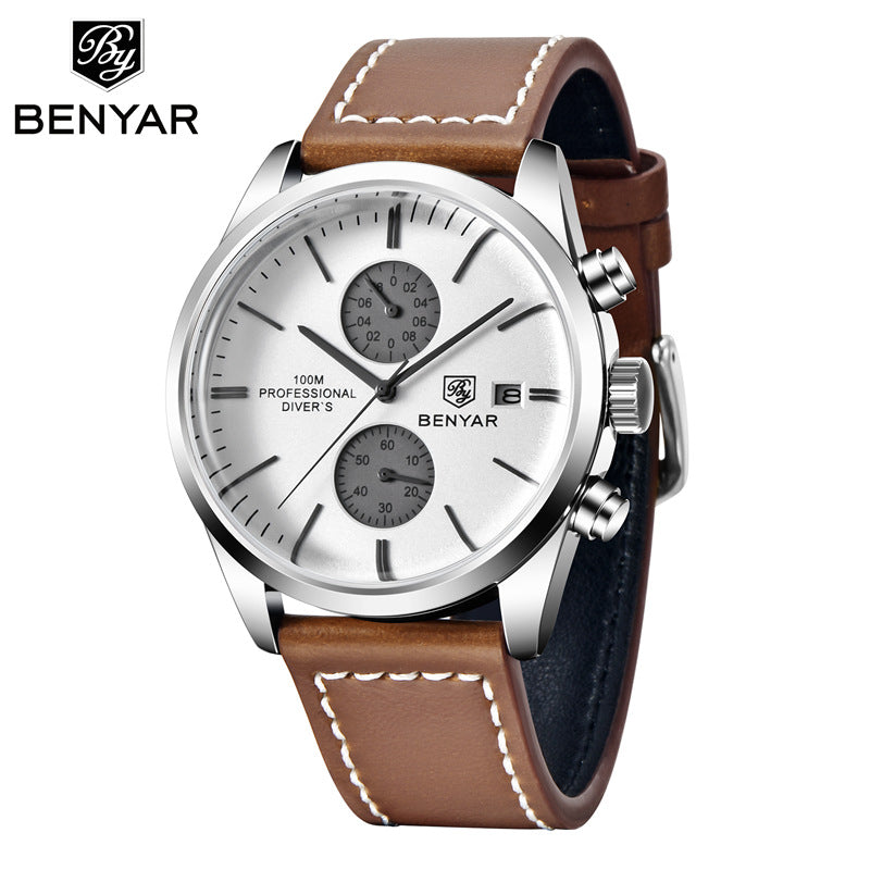 BENYAR Binya 5187 new multi-function quartz movement leather strap men's business casual calendar watch