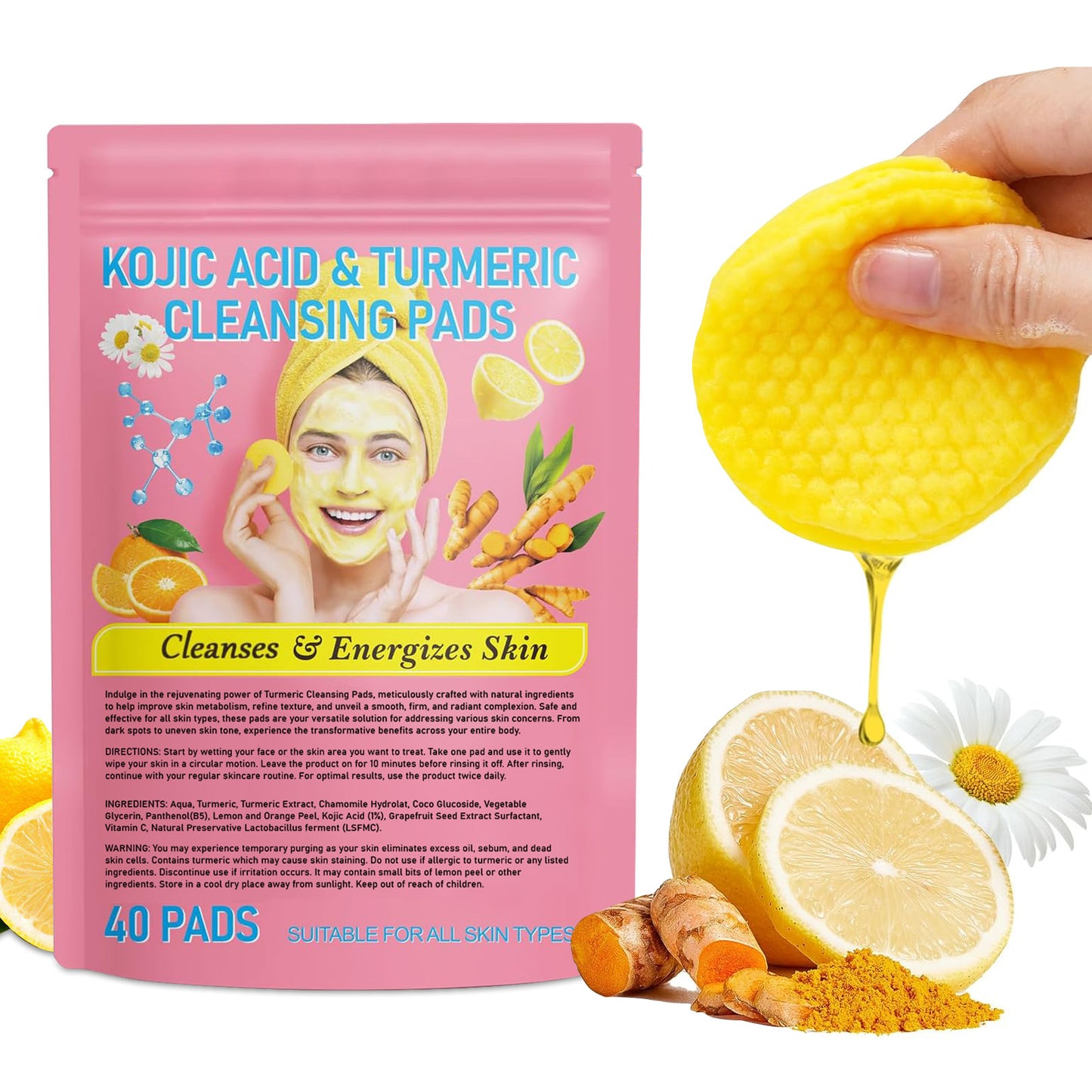 Unlabeled turmeric cotton pads turmeric cleansing pads gentle skin care daily cleansing exfoliating turmeric kojic acid cleanser 40pc