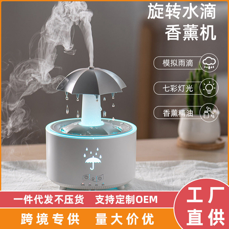 New rotating umbrella water drop humidifier household large fog desktop colorful light remote control aromatherapy machine cross-border