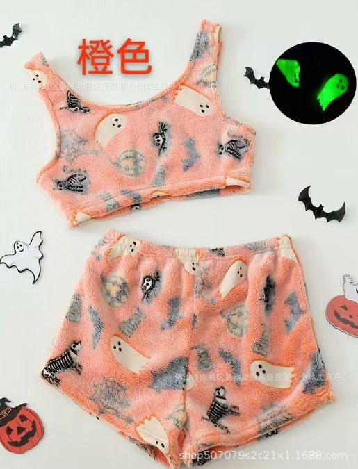 Foreign trade Halloween luminous flannel pajamas women autumn and winter plus velvet warm leisure home suit graffiti luminous pants