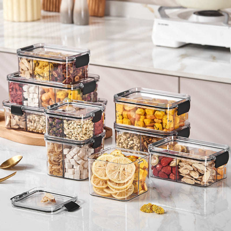 Square flower tea packaging box, 460ml, four-compartment plastic airtight container, food-grade storage box.