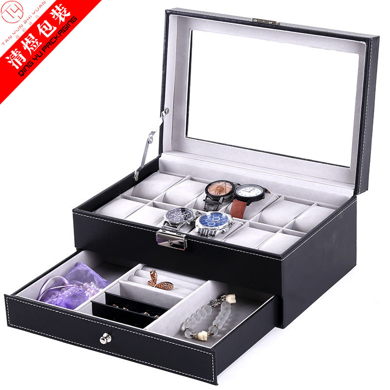 Qingyu packaging PU leather 12-position watch box double-layer jewelry box jewelry ring storage display packaging box spot