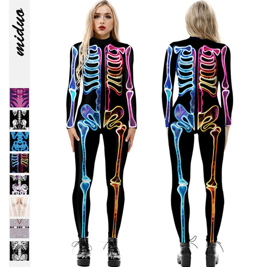 Cross-border explosion skeleton 3D digital printing Halloween cosplay costumes women's tight-fitting long-sleeved jumpsuit