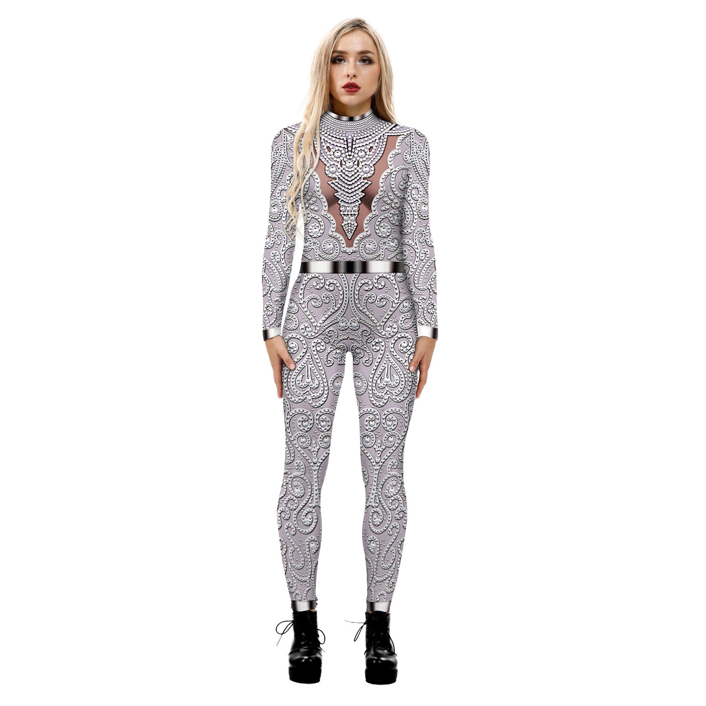 Cross-border explosion skeleton 3D digital printing Halloween cosplay costumes women's tight-fitting long-sleeved jumpsuit