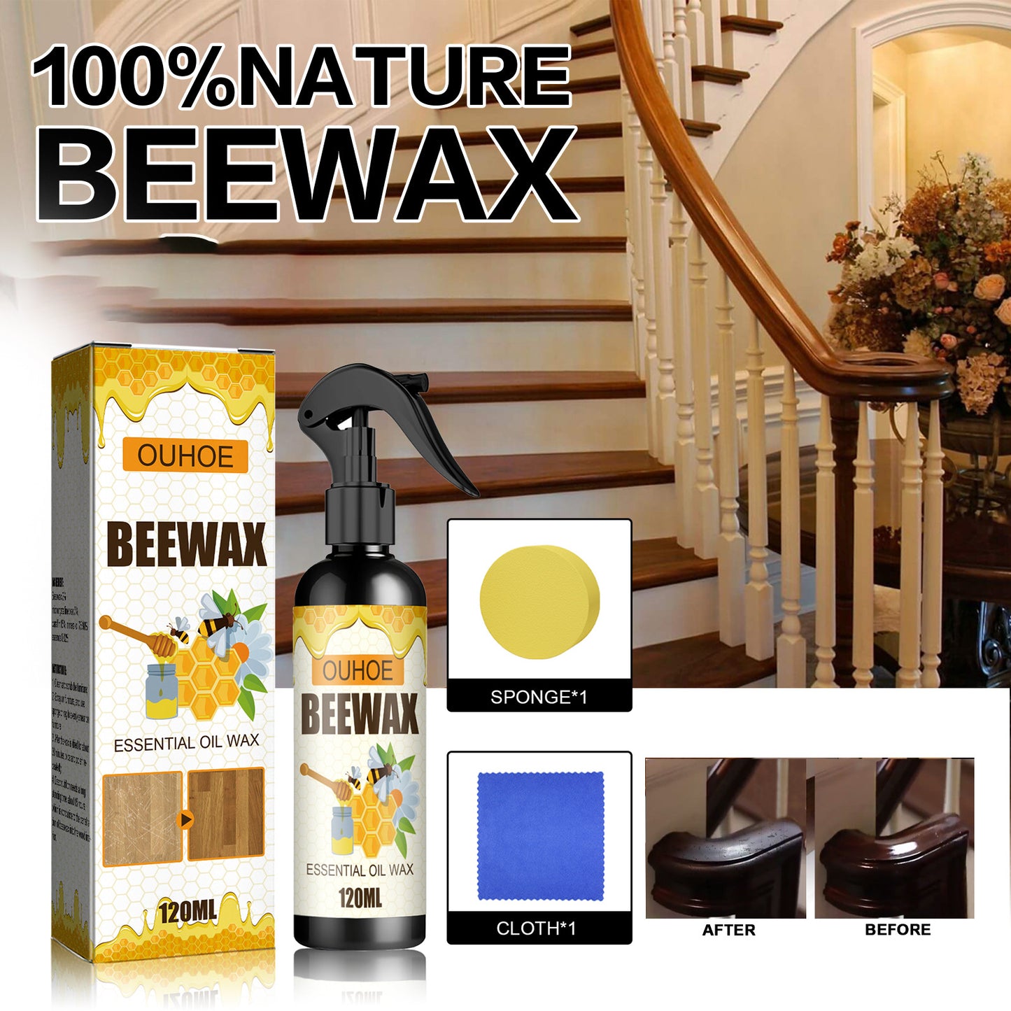 OUHOE Furniture Beeswax Spray Furniture Floor Care Polishing Waterproof Anti-dry Crack Scratch Renovation Care Wax