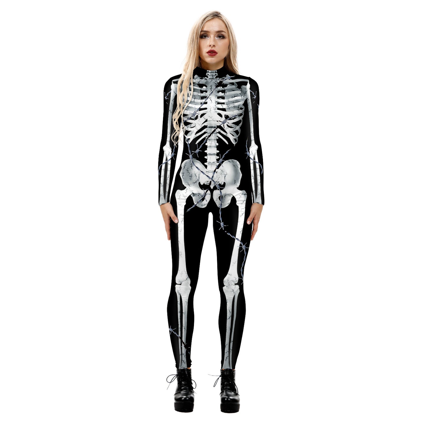 Cross-border explosion skeleton 3D digital printing Halloween cosplay costumes women's tight-fitting long-sleeved jumpsuit