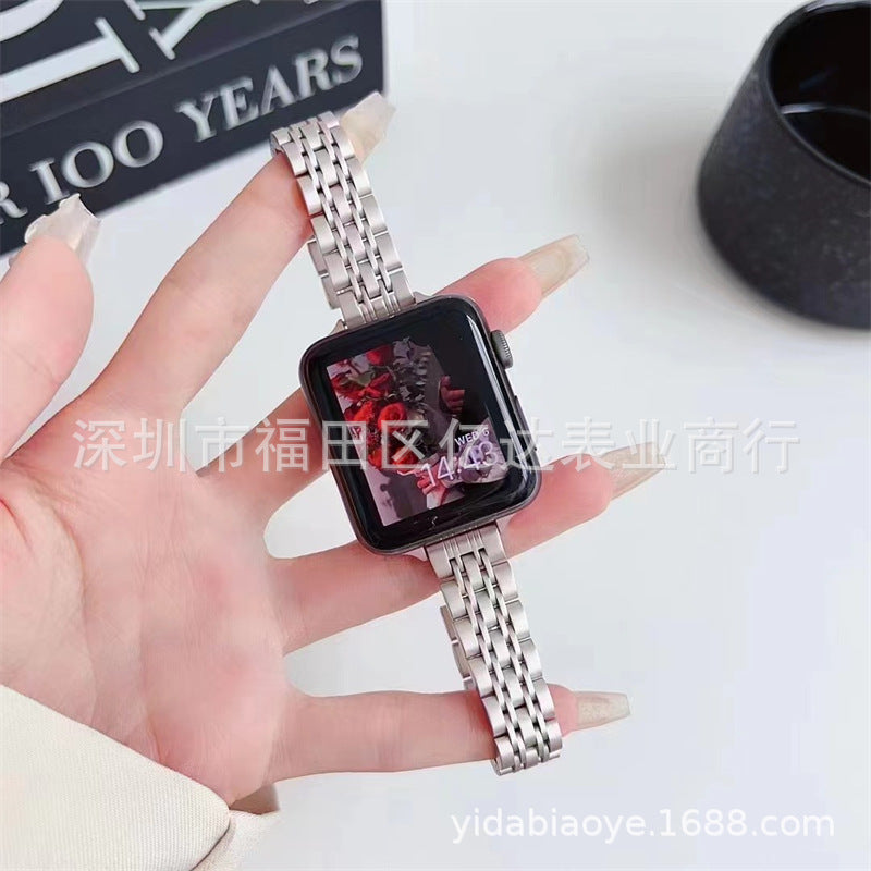 Suitable for Apple Watch9Ultra2 watch strap Apple thin seven-bead butterfly buckle stainless steel metal watch strap